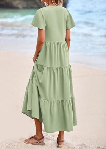 KIRUNDO Summer Maxi Dresses for Women 2025 Spring Fashion Short Sleeve Button V Neck Pleated Loose Tiered Swing Flowy Dress(Bean Green, X-Large) - Image 2