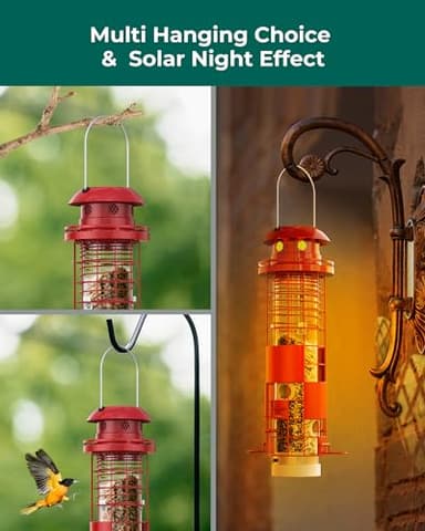 Solar Squirrel Proof Bird Feeders for Outdoors Hanging, Metal Mesh Tube Bird Seed Feeder for Outside with 4 Ports, Weight-Activated Perches, 3LBs Seed Capacity, Suitable for Small Medium Birds, BF008 - Image 6
