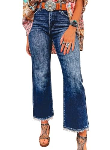Astylish Flared Jeans for Women Trendy High Waisted Wide Leg Jeans Baggy Stretchy Raw Hem Cropped Denim Pants Size 10 Bluing - Image 1
