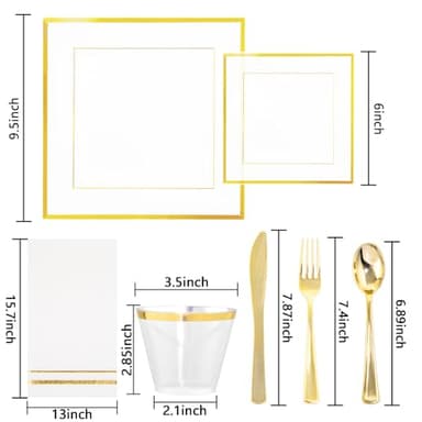 Festiva 350Pcs Clear Plastic Plates with Gold rim - Clear Gold Disposable Dinnerware for 50 Guests include 100 Square Plastic Plates 50Cups 50Cutlery 50Napkins Perfect for Thanksgiving Party&Wedding - Image 2