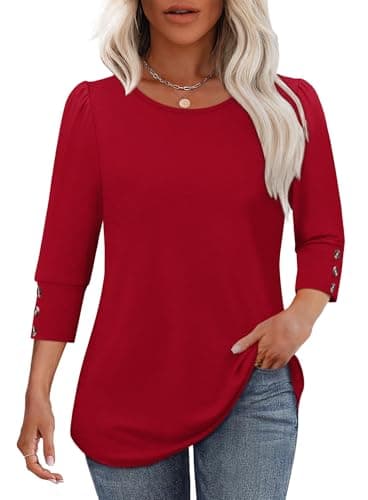 3/4 Length Sleeve Womens Tops Dressy Casual Blouses Christmas Valentine's Day Thanksgiving Shirts Plus Size Summer Clothes Flowy Solid Red 3XL - Image 2
