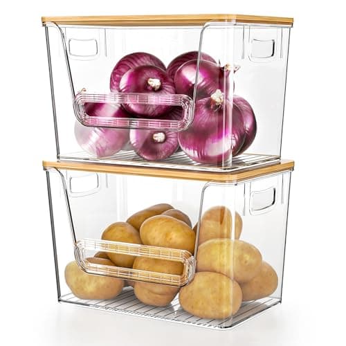 Delamu 2 Set Pantry Organizers and Storage, Trash Bag Holder Under Sink Organizer for 4-13 Gal Bags, Trash Bag Dispenser with Bamboo Top for Onion, Potato, Garlic, Clear (11-7/32"L*7" W*7-1/8"H) - Image 1