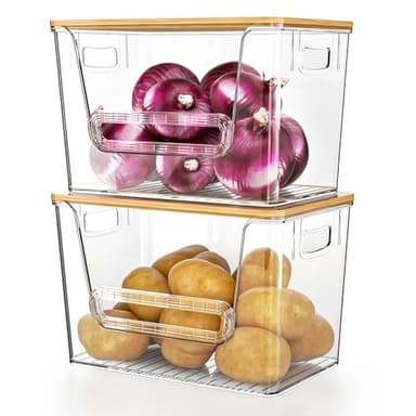 Delamu 2 Set Pantry Organizers and Storage, Trash Bag Holder Under Sink Organizer for 4-13 Gal Bags, Trash Bag Dispenser with Bamboo Top for Onion, Potato, Garlic, Clear (11-7/32"L*7" W*7-1/8"H) - Image 1
