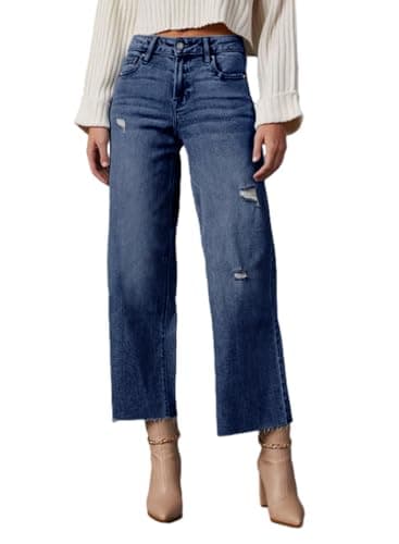 Dokotoo Capri Wide Leg Baggy Jeans for Women Trendy Barrel Pants for Girls High Waisted Straight Pants Petite 2025 Outfits Boyfriend Jeans Fashion Clothes Casual Work Summer Denim Blue - Image 1