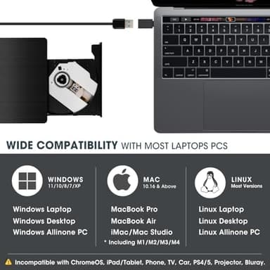 ROOFULL External CD DVD Drive for Laptop, USB 3.0 Type-C Portable CD/DVD Player Burner Reader Writer Adapter for Windows 11/10 Computer Mac MacBook Linux PC - Image 6