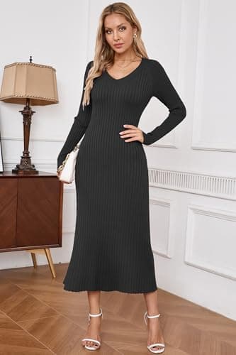 Arach&Cloz 2025 Spring Womens V Neck Long Sleeve Sweater Dress Ribbed Knit Slim Fit Midi Dress Fashion Clothes Black - Image 2