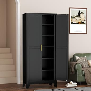 Metal Pantry Cabinet with 2 Doors and 5 Adjustable Shelves, 75" Kitchen Storage cabinets with Gold Handles, Versatile Storage for Laundry Room, Living Room, Bathroom, Dinning Room, Utility Room-Black - Image 8