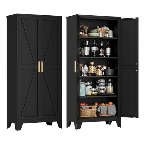 71" Tall Metal Storage Cabinet with 2 Doors and 4 Adjustable Shelves, 5-Tier Kitchen Pantry Storage Cabinet for Kitchen, Living Room, Dining Room and Office, Black - Image 1