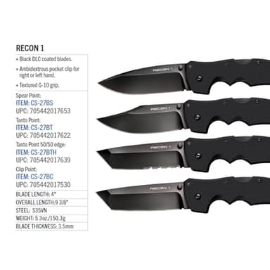 Cold Steel Recon 1 Series Tactical Folding Knife with Tri-Ad Lock and Pocket Clip - Made with Premium CPM-S35VN Steel, Tanto Plain Edge - Image 6
