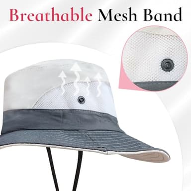 NPQQUAN Ponytail Sun Bucket Hat for Women Men Wide Brim UPF 50+ Fishing & Beach Hats Pink/Grey - Image 4