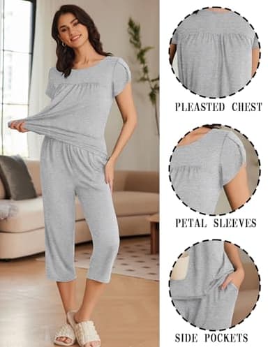 Ekouaer Women's Capris Pajama Set Short Sleeve Capri Pants Loungewear 2 Piece Pajamas Pj Sets with Pockets Light Grey - Image 2