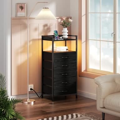 Furnulem Night Stand with Charging Station, Tall Black Dresser for Bedroom, Nightstand with Led Light, Bed Side Table for Living Room, Fabric Storage Drawer, Metal Frame, Wood Furniture - Image 6