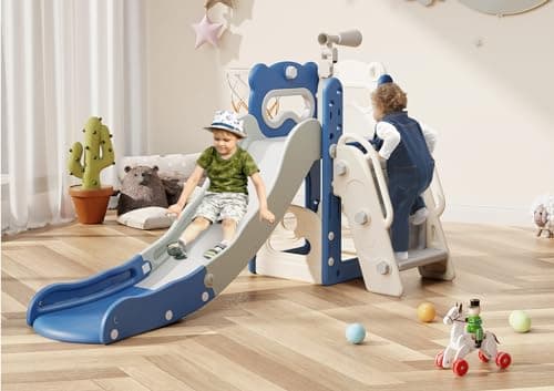 Babytronic Toddler Slide, 6 in 1 Kids Indoor Slide for Toddlers 1-3, Kids Playground for Indoor Outdoor with Basketball Hoop and Telescope, Indoor Outdoor Slide Playset (Blue&Gray) - Image 1
