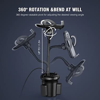4-Port USB Car Charger with Cup Holder Phone Mount, Rapid Multi Port Charger, Adjustable Gooseneck Rotatable Holder for Smartphones - Image 4