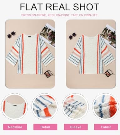 Dokotoo Womens Sweaters Casual Fall Winter 2025 Crewneck Color Block Striped 3/4 Sleeve Loose Lightweight Crochet Knit Trendy Pullover Sweaters for Women Tops Shirts White Medium - Image 4