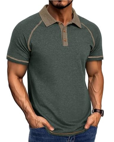 Men's Polo Shirts Short Sleeve Casual Vintage Collared Button Basic Golf Raglan Tee T-Shirts Green - Image 1