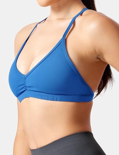 YEOREO Workout Sports Bras for Women Padded Strappy Open Back Gym Bra Light Impact Criss Cross Yoga Crop Top Azure Blue L - Image 8