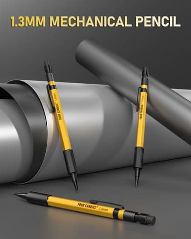 Four Candies 3PCS 1.3mm Mechanical Pencil Set with Case, Metal Heavy Duty Carpenter Pencils with 72 Refill(Red,Black,Yellow) 3Eraser, 16Eraser Refill, Weatherproof Body Outdoor Woodworking Marking - Image 7