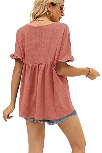 WIHOLL Womens T Shirts Loose Fit V Neck Ruffle Oversized Peplum Tops Pink XL - Image 4