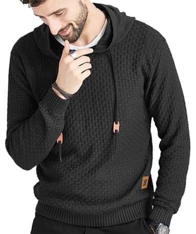 Zaitun Mens Hooded Sweatshirt Long Sleeve Solid Knitted Hoodie Pullover Sweater Black - Image 2
