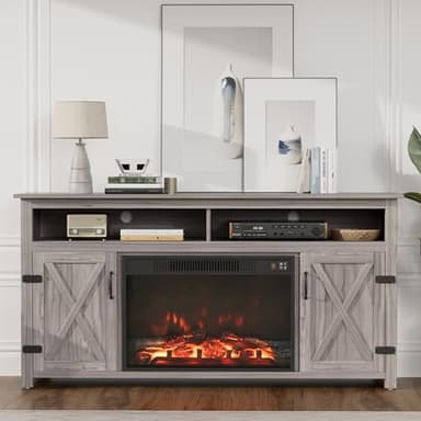 JUMMICO Fireplace TV Stand for TVs Up to 65+ Inch Entertainment Center with Open Storage Shelves and Side Cabinets, Media Console Table with Barn Doors for Living Room (Grey) - Image 5
