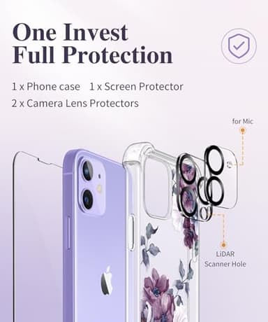 GVIEWIN for iPhone 12 Case and iPhone 12 Pro Case with Screen Protector + Camera Lens Protector, Clear Flexible TPU Shockproof Cover Women Girls Flower Pattern Phone Case 6.1 (Morning Glory/Purple) - Image 7