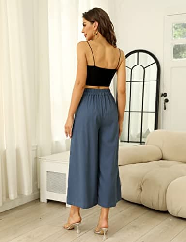 Hooever Women's Cotton Linen Culottes Pants Elastic Waist Wide Leg Palazzo Trousers Capri Pant (Blue-L) - Image 4
