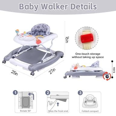 5 in 1 Foldable Baby Walker, Activity Baby Walker-Baby Bouncer, Rocker, Activity Center,Seat and Push Walker,Detachable Trampoline Mat, Adjustable Speed Rear Wheels and Height,Ages 6-18 Months(Grey) - Image 2