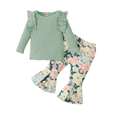 Kislio Toddler Baby Girl Clothes Long Sleeve Ruffle Ribbed Solid Tops Flare Pants Bell Bottoms Fall Winter Outfit Set - Image 1