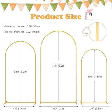 DDMY Large Arch Backdrop Stand (7.2FT/6.6FT/6FT) Metal Balloon Arch Stand Set of 3 Gold Party Stands for Wedding, Birthday, Baby Shower, Bridal Shower - Balloon Arched Frame for Garden Decor, Gold Floral Arches, 3 Pieces - Image 3