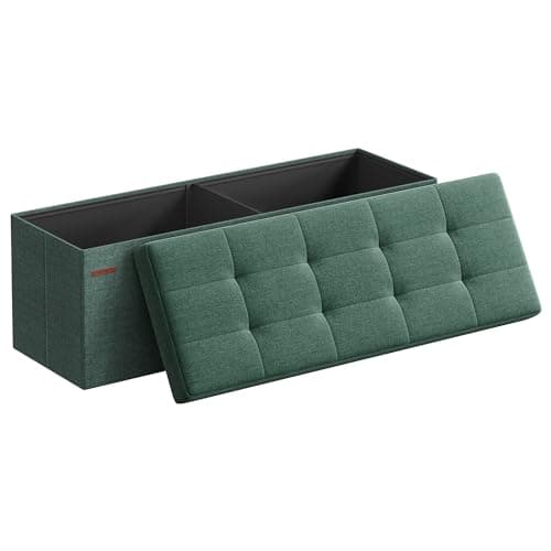 SONGMICS MAZIE Collection - 43 Inches Folding Storage Ottoman Bench, Ottoman Foot Rest, End of Bed Bench, Storage Chest, Load 660 lb, for Living Room, Bedroom, Entryway, Retro Green ULSF077C01 - Image 1