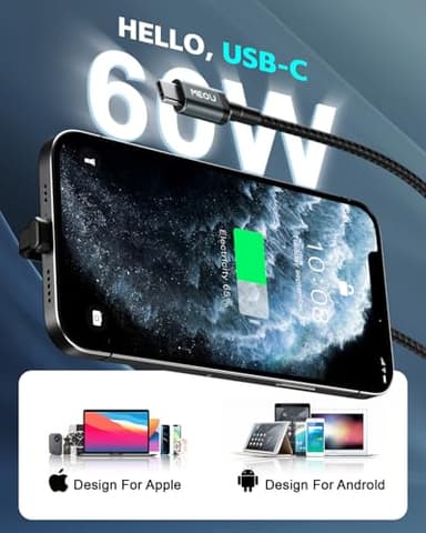USB C Cable 1ft, 60W Type C Charger Fast Charging, Nylon Braided Right Angle USB-C Cable, 90 Degree C Cord Charger for iPhone 16/15 Pro Max, Apple MacBook Pro, iPad, Pixel, Samsung Etc. - Image 3
