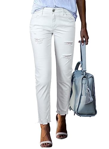 EVALESS White Womens Jeans Stretch Boyfriend Ripped Distressed Frayed Raw Straight Ankle Hem Denim Pants Tummy Control Size 10 - Image 1