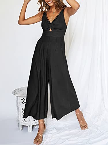 ANRABESS Women's Jumpsuits Summer Wide Leg Sleeveless V Neck Casual Dressy Linen Pants Rompers 2025 Vacation Beach Outfits Black Small - Image 2