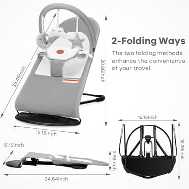 HKAI Baby Bouncer, Portable Baby Bouncer Seat for Babies 0-18 Months, 100% Cotton Fabrics, 3 Modes of use with Rocker and Stationary Options, Infant Rocker Chair with Hanging Toys-Light Grey - Image 3