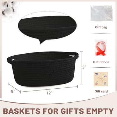 Bufims Small Woven Black Gifts Basket for Storage Empty with Ribbons and Bags Durable Cute Gifts 12"X 8" X 5" Small Rope Basket for Gifting - Image 5