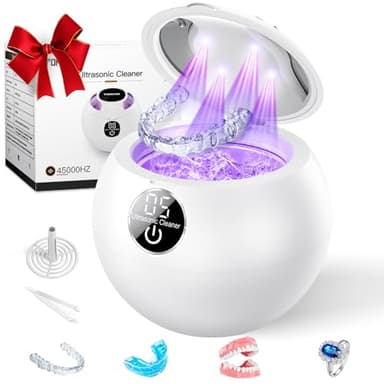 Ultrasonic Retainer Cleaner Machine,45kHz Ultrasonic Cleaner,UV Lamp 360°Cleaning for Dentures,Mouth Guard,Jewelry,Braces,Toothbrush Heads with 200 ML Dental Cleaning Pod, 3 Modes,White - Image 1