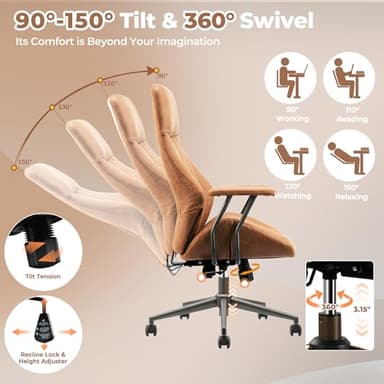ovios Ergonomic Home Office Chair, Mid-Century Modern Faux Leather Chairs with Padded Armrests, Comfy High Back Swivel Rolling Executive Computer Armchair (Brown, Suede Leather) - Image 4