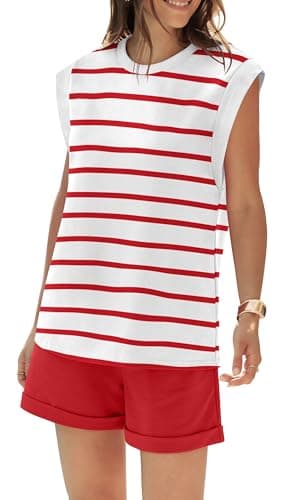 RUBZOOF Lounge Sets for Women Summer Casual Loungewear Two Piece Outfits Short Sets Striped Cap Sleeve Top Shorts Red Stripe XL - Image 3