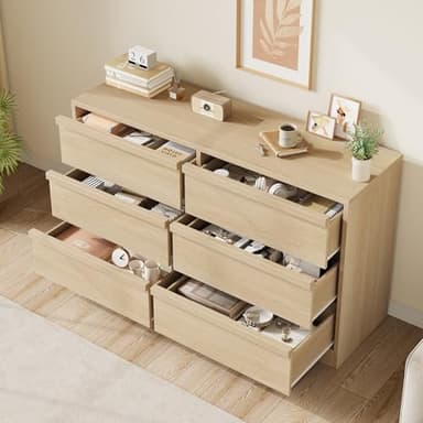 GarveeHome 6 Drawer Dresser for Bedroom, Modern Double Dresser Organizer with 6 Drawers Large Storage, Wooden Chest of Drawers for Living Room, Nursery, Hallway - Natural - Image 3