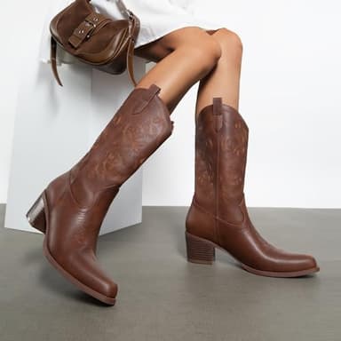 DREAM PAIRS Cowboy Boots for Women Cowgirl Western Boots Fashion Embroidery Stitched Chunky Heel Mid Calf Boots,Size 7,Brown-Pu,DWUMMB2504 - Image 8