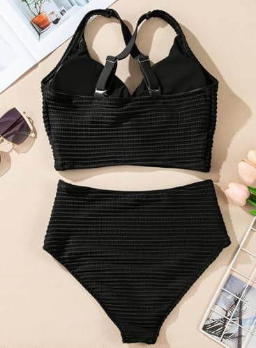 Herseas Women's Black Bikini Sets Twist Front Adjustable Top Swimsuits High Waisted Textured Push Up Bathing Suits Large - Image 5