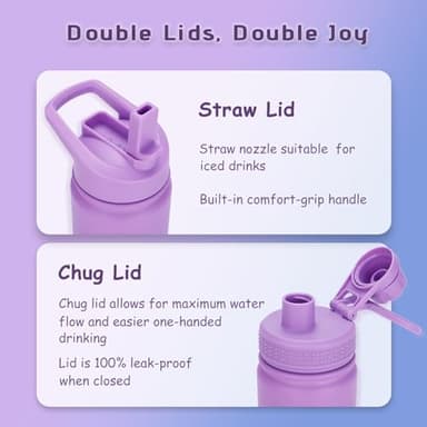 Mininoo Insulated Kids Water Bottle, 12 oz Stainless Steel Water Bottle Kids with Straw Lid and Chug Lid for Girls, Boys (Purple/Blue) - Image 5