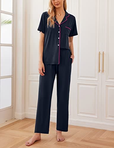 Ekouaer Women Pajamas Set Button Down Sleepwear Short Sleeve Nightwear with Long Pants Soft Pjs Set S-XXL Dark Navy Blue M - Image 2