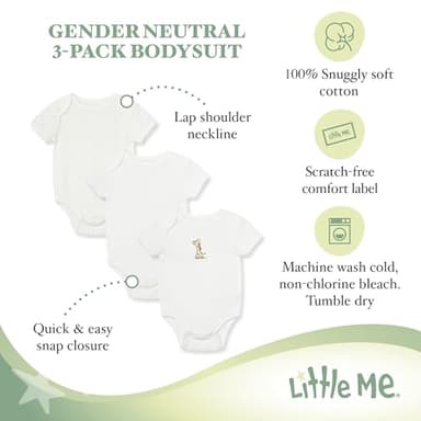 Little Me Gender Neutral 3-Pack Short Sleeve Onesies, Baby Bodysuits 100% Cotton, Scratch-Free Comfort Tags, and Quick Snap Closures, Giraffe, Newborn - Image 4