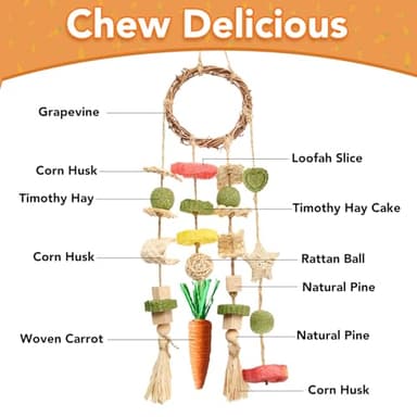 Jorewood Rabbit Chew Toys Bunny Cage Hanging Toy and Treats Rattan Ring with Snacks for Rodent Pets Teeth Healthy - Image 5