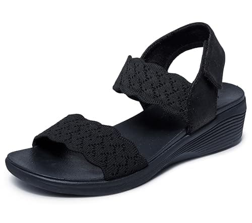Skechers Women's ARYA - ON THE RISE medium wedge sandal, Black/Black 7 M - Image 1