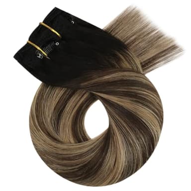 Moresoo Clip in Hair Extensions Remy Double Weft Human Hair Clip in Extensions Straight Balayage Hair Extensions for Women Ombre Black Mixed with Silver Grey 7pcs 150g 22inch - Image 9