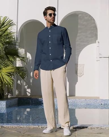 Alimens & Gentle Men's Cotton Linen Shirts Long Sleeve Button Down Shirt Band Collar Beach Shirts Navy Blue - Image 2