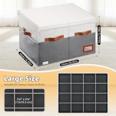 Supowin Shoe Organizer for Closet, Foldable Shoe Storage Bins with Lid & Adjustable Dividers, Fabric Shoe Box Storage Containers with Four Reinforced Handles, Fits 16 Pairs, 1 Pack, Grey - Image 3